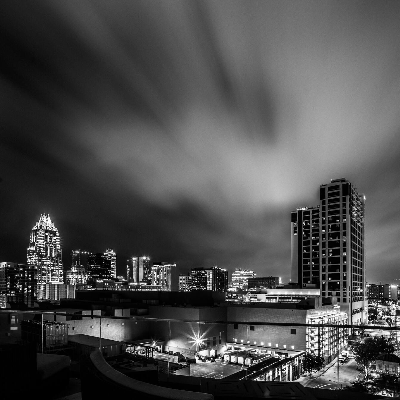 Rooftop image as clouds roll in to Downtown Austin Texas